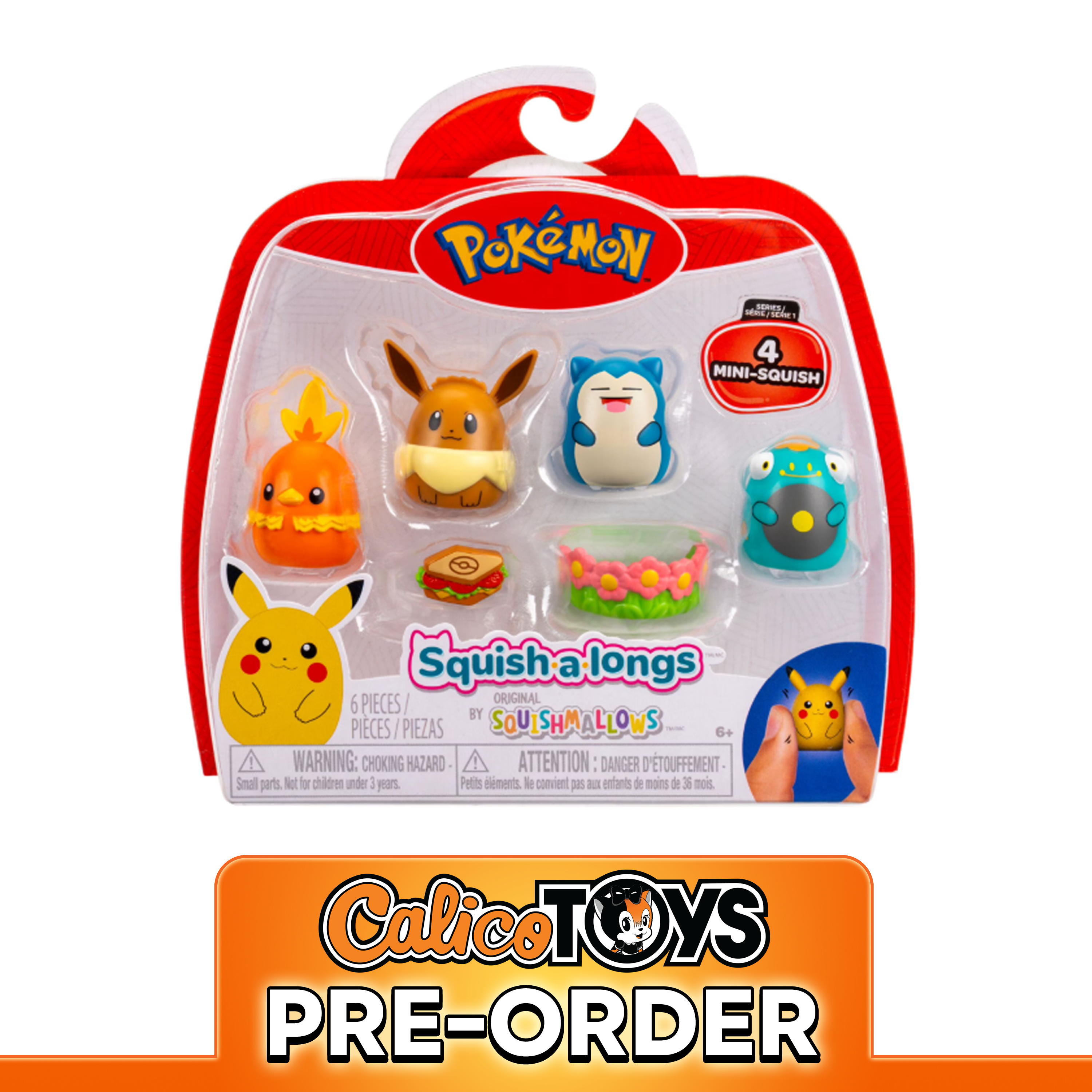 PRE ORDER Pokémon Mini Squishmallows Squish-a-longs 4-Pack (Torchic/ Eevee/Snorlax/Bellibolt)